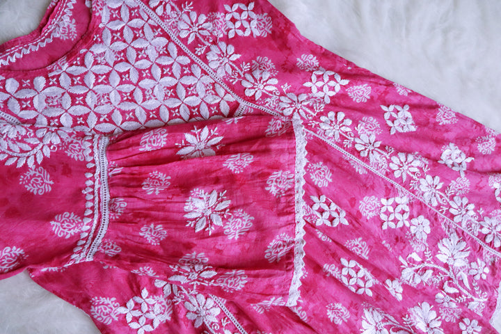 Meera Pink Floral Mulmul Lace Frock