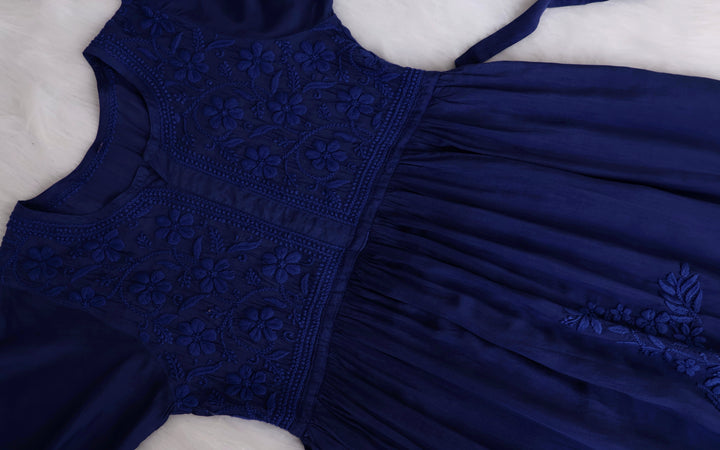 Aafiyat Pure Muslin Royal Blue Chikankari Fit and Flare dress