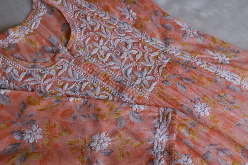 Ayra Peach Floral Mulmul Nyra Cut Dress - Noor Chikankari