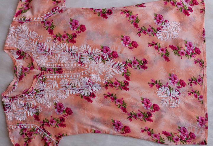 Ishra Peach Short Mulmul Kurta