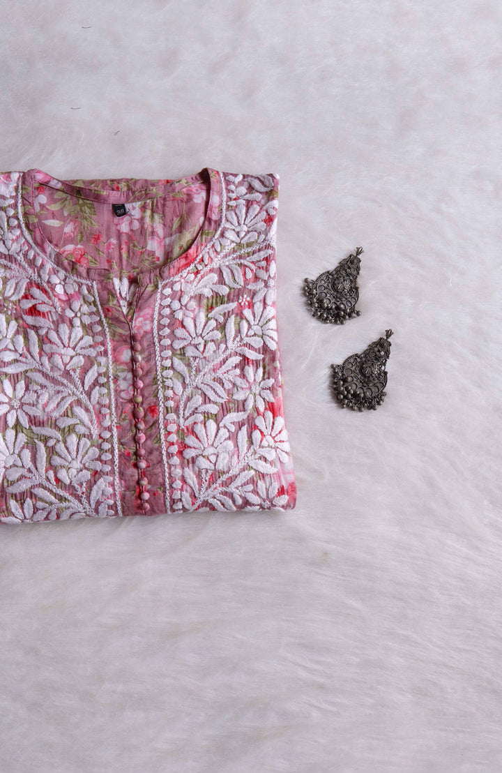 Abiha Dusty Pink Floral Luxe MulMul kurta