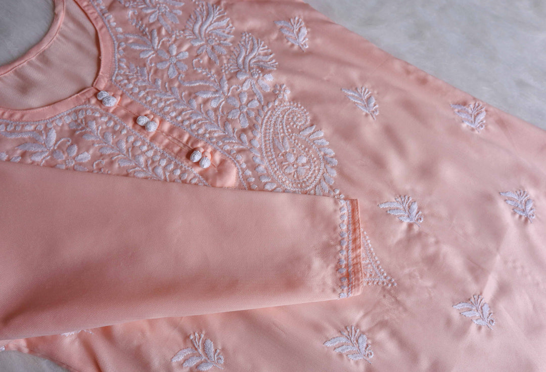 Gul Pastel Peach Long Jacquard Cotton kurta