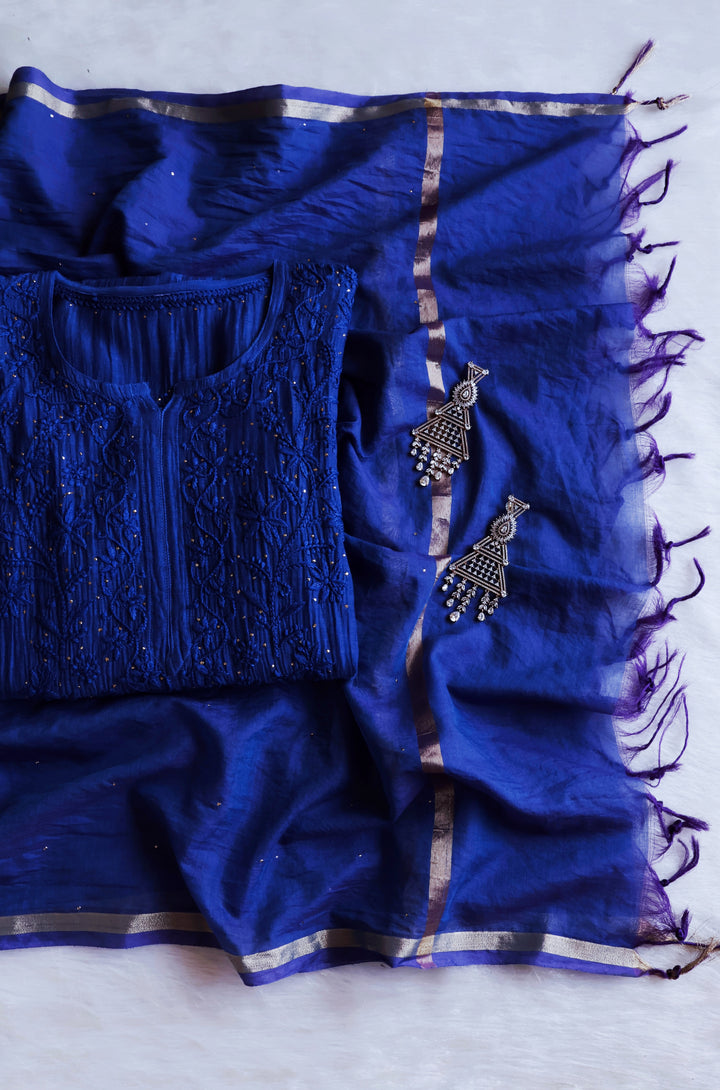 Naqsh Royal Blue Pure Chanderi Mulmul Set