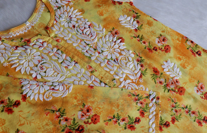 Gul Yellow Floral Long MulMul Kurta