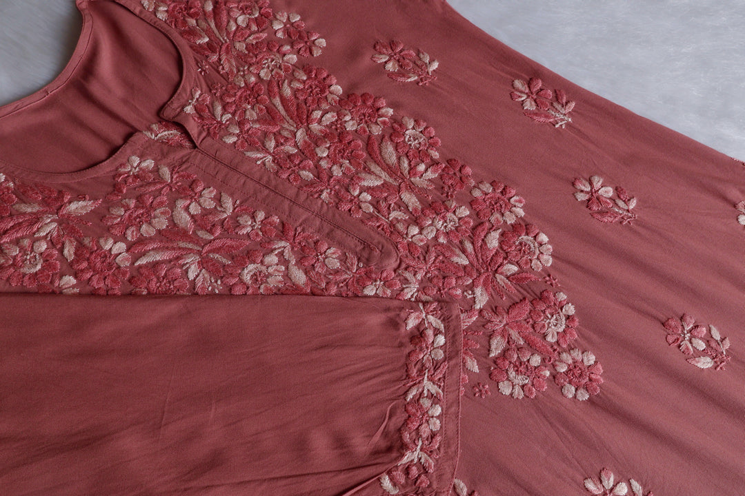 Nuresa Rose Brown Ombre Thread Long Rayon Kurta