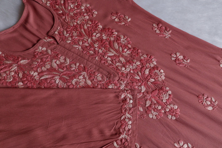 Nuresa Rose Brown Ombre Thread Long Rayon Kurta