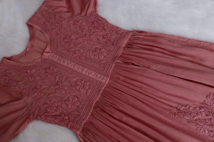 Aafiyat Pure Muslin Rose Brown Chikankari Fit and Flare dress