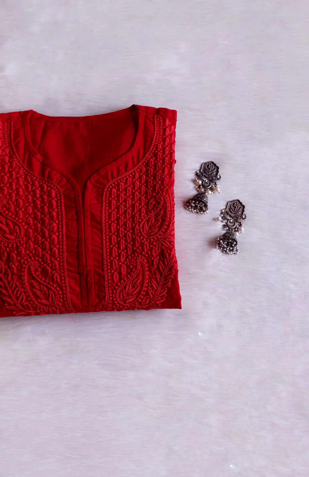 Zahra Red Cotton Kurta - Noor Chikankari