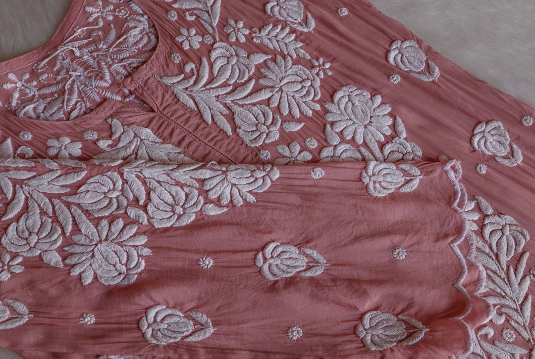 Noor Rose Brown 10D Pure Muslin Scalloped Kurta Set