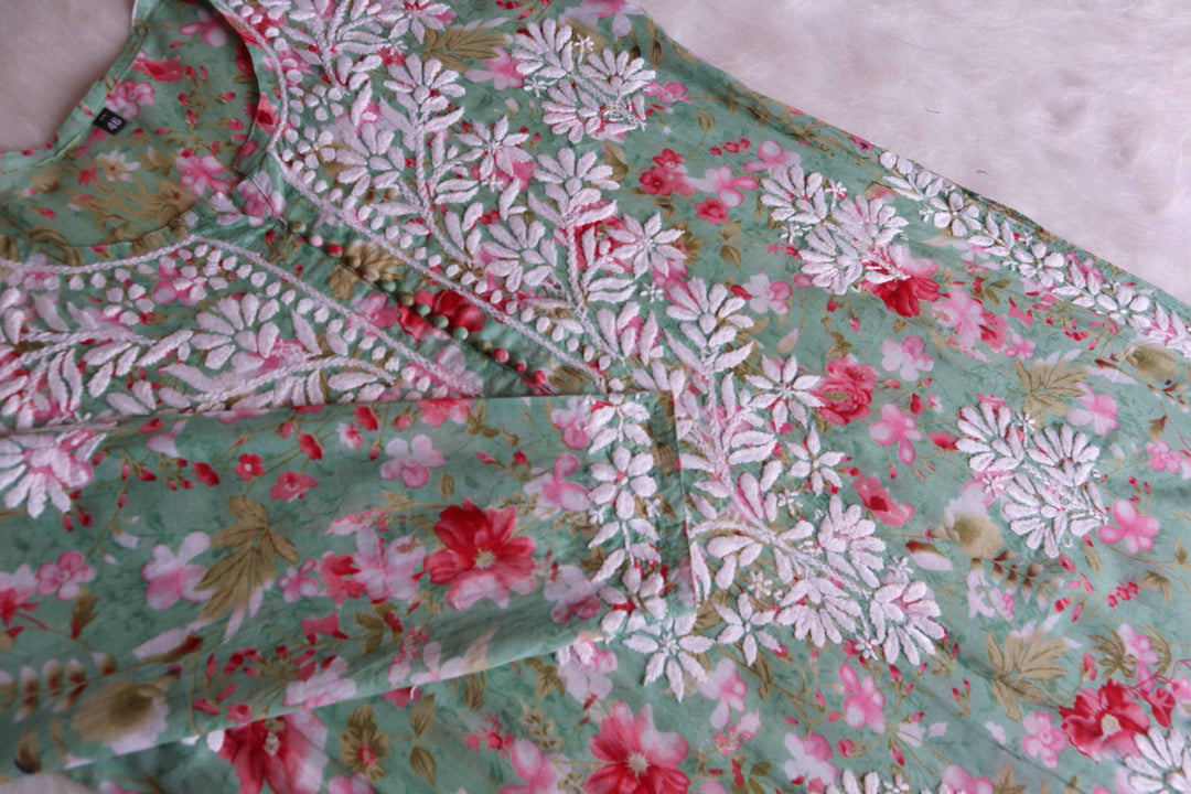 Abiha Green & Pink Floral Luxe MulMul kurta