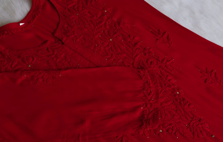 Naira Red Rayon Mukaish 3 Piece Set
