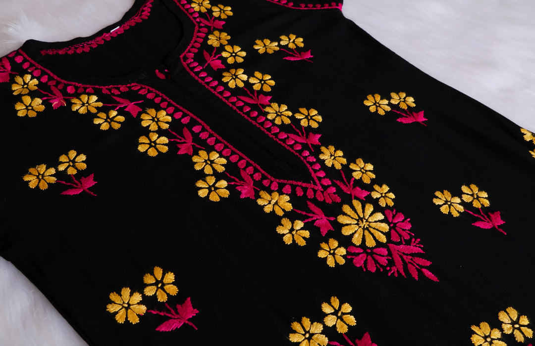 Sitara Black, Pink & Yellow Rayon Kurta Set - Noor Chikankari