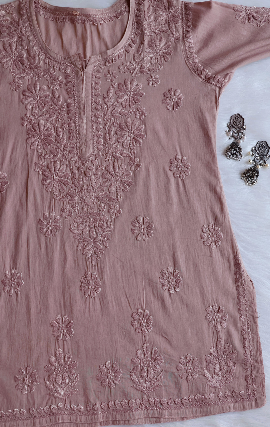 Nazakat Beige Cotton short kurta - Noor Chikankari