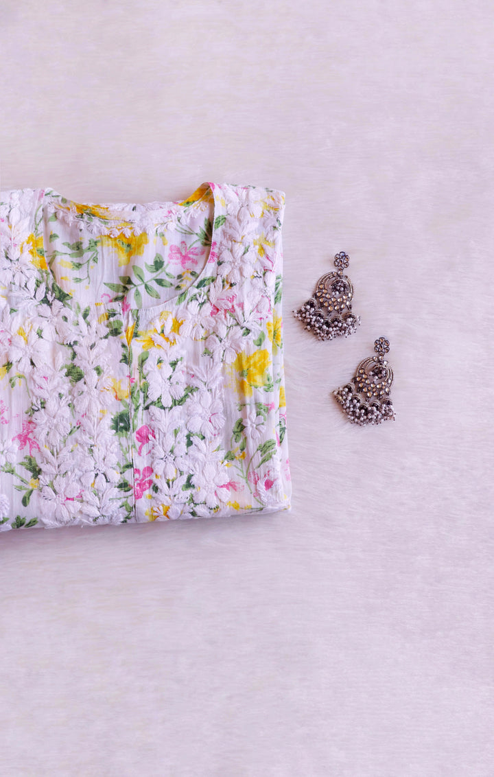 Amna White & Yellow Floral Long MulMul kurta