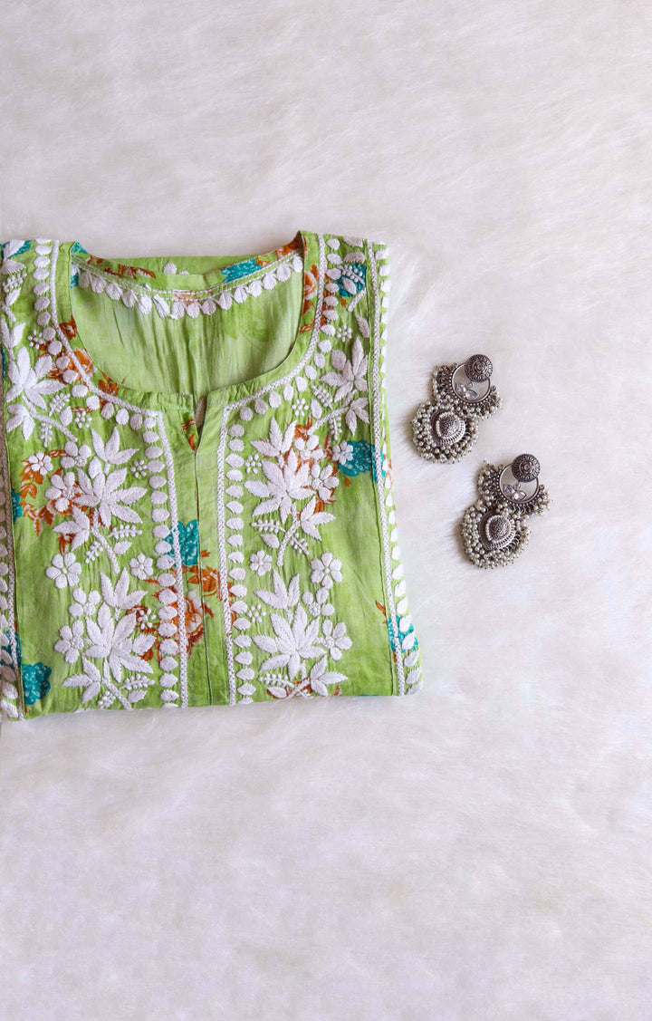 Gul Premium Green Floral Long MulMul kurta