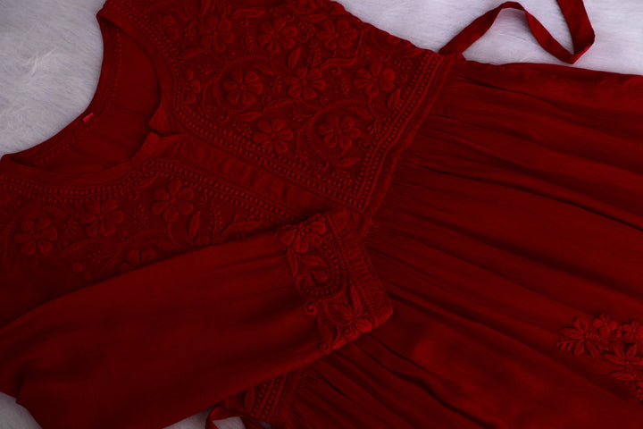Aafiyat Pure Muslin Maroon Chikankari Fit and Flare dress