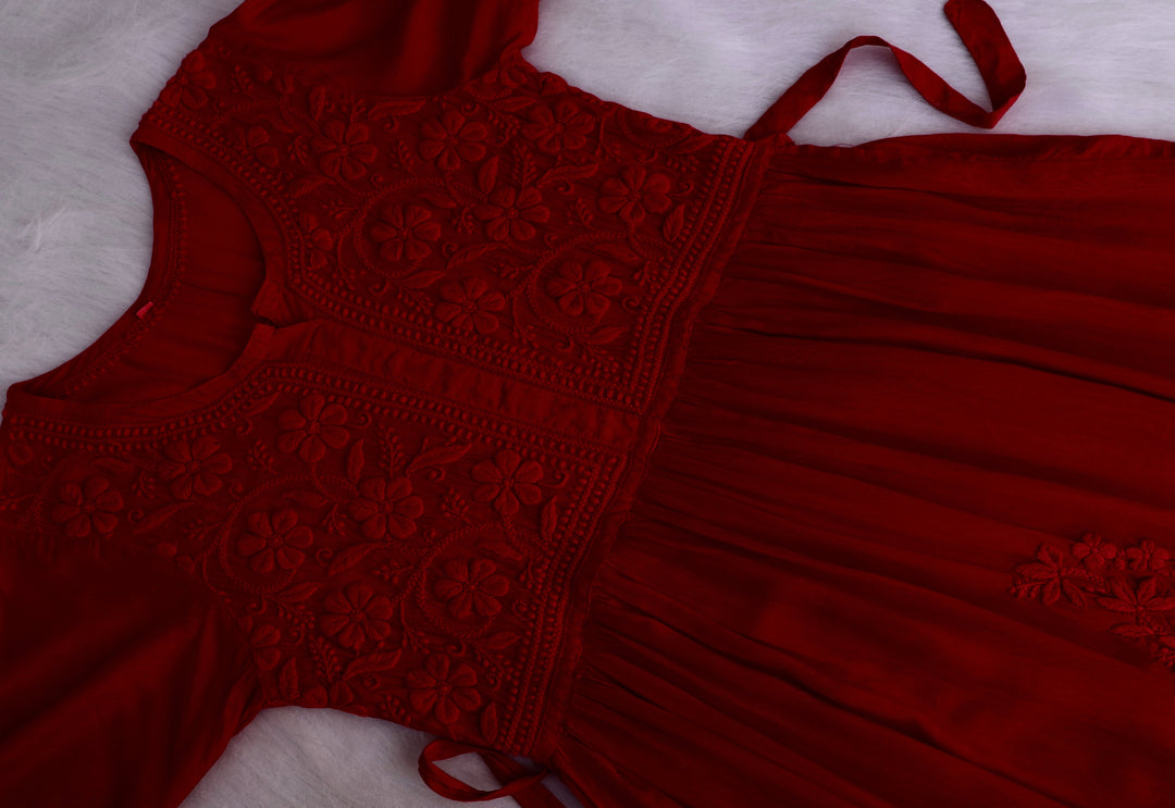 Aafiyat Pure Muslin Maroon Chikankari Fit and Flare dress