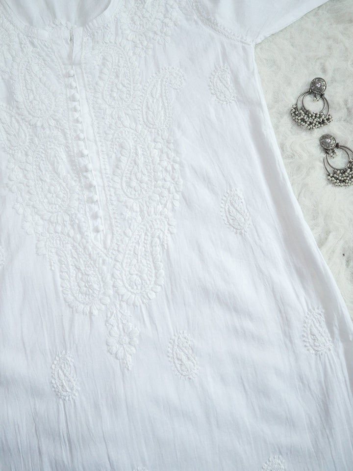 White Long Cotton kurta - Noor Chikankari