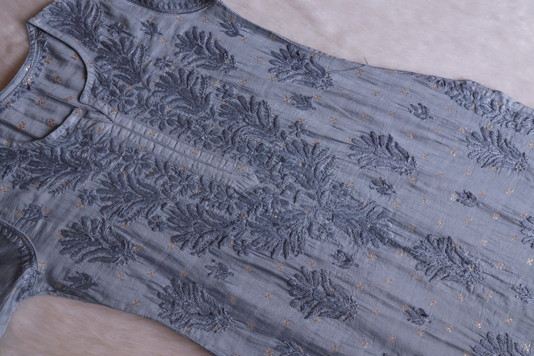 Nazakat Grey Premium Long Chanderi Kurta