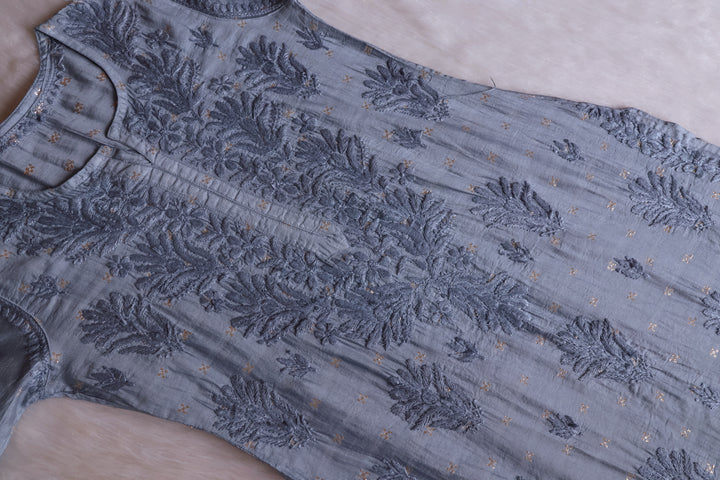 Nazakat Grey Premium Long Chanderi Kurta