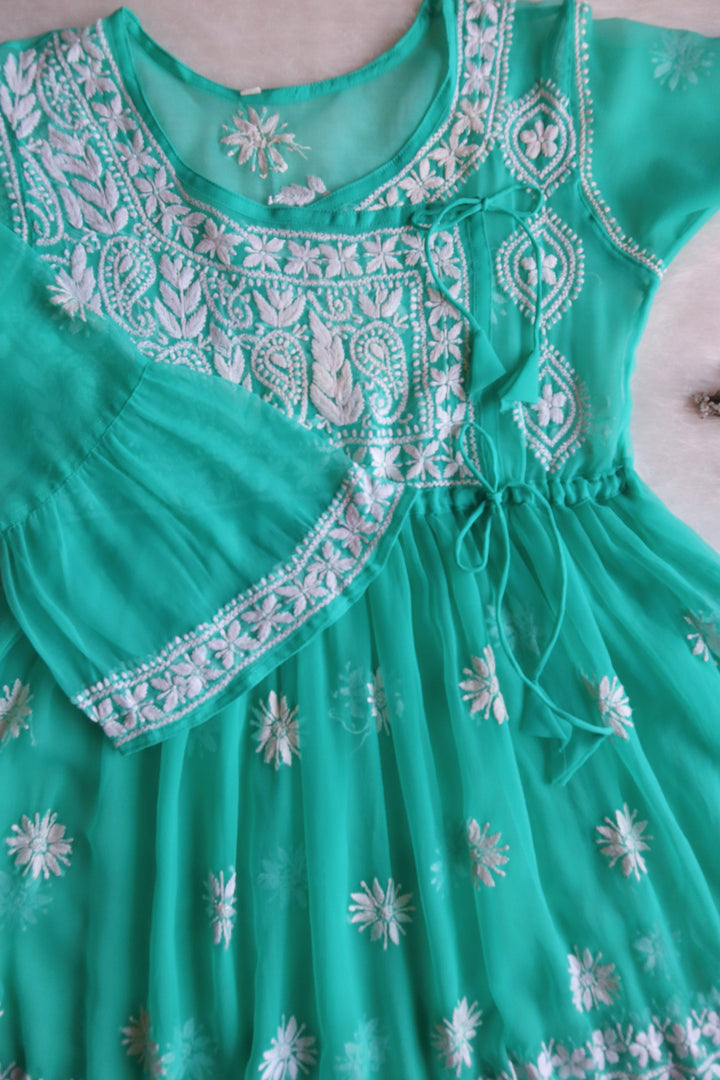 Turquoise Green & White Georgette Angrakha frock