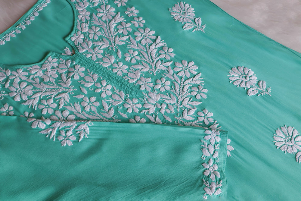 Zahrah Mint Green Long Modal Kurta - Noor Chikankari