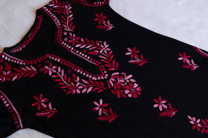 Maaham Black & Deep Pink Short Rayon Kurta - Noor Chikankari