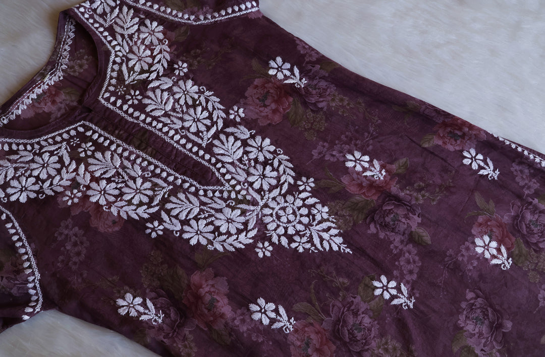 Dahlia Dusty Purple Floral Long MulMul kurta