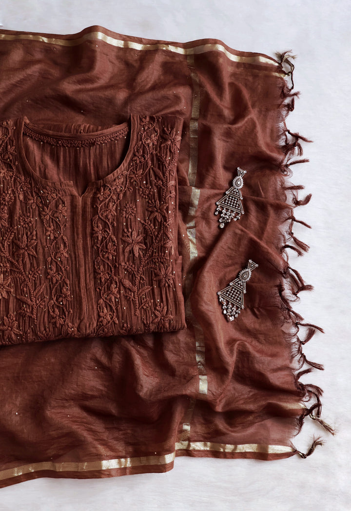 Naqsh Chocolate Brown Pure Chanderi Mulmul Set