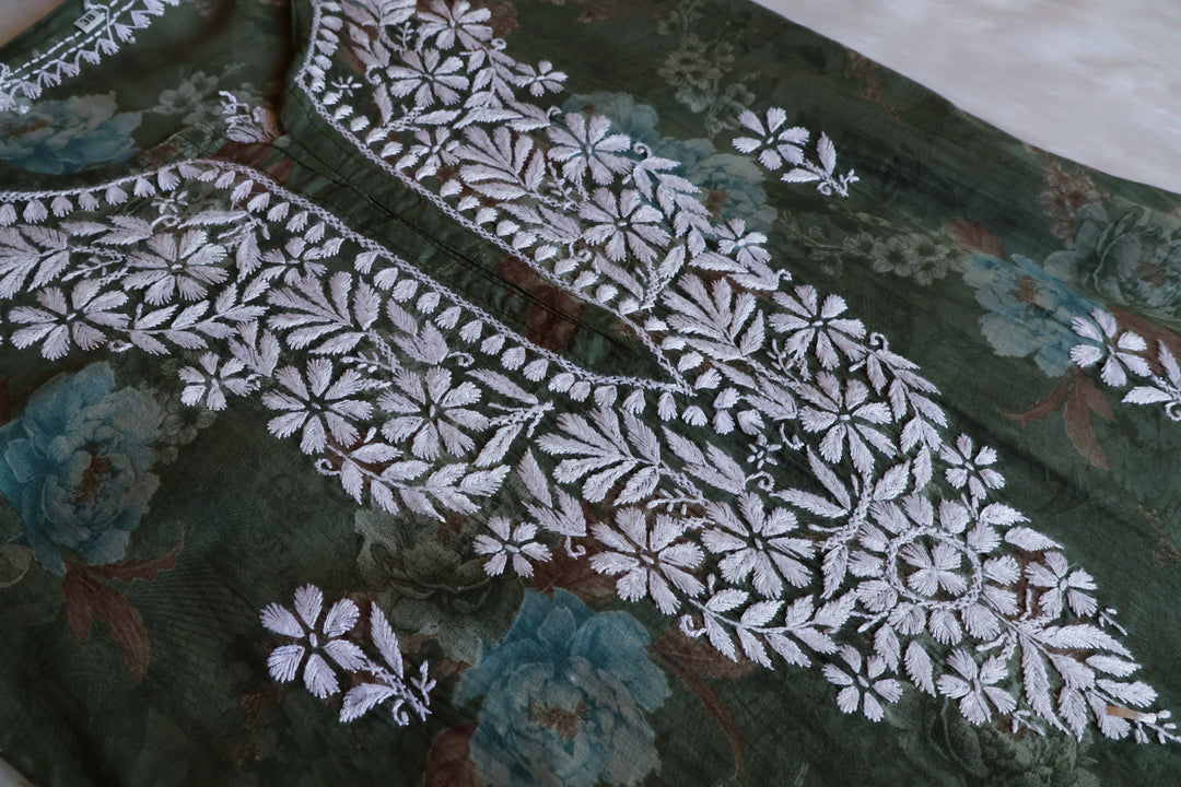 Dahlia Green Floral Long MulMul kurta - Noor Chikankari