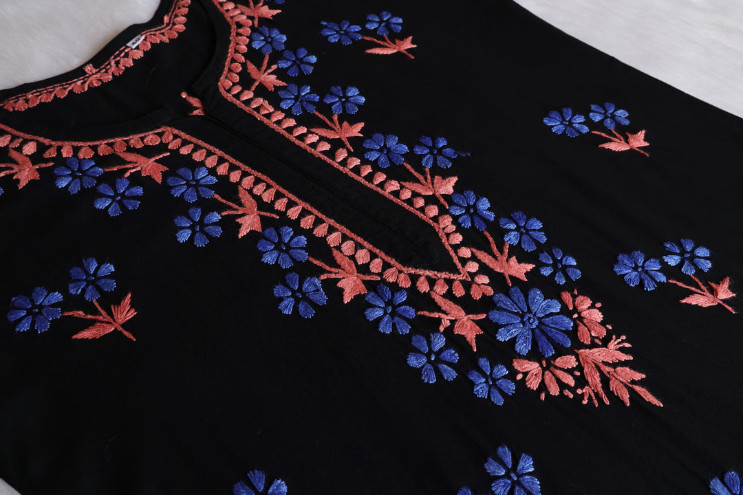 Sitara Black, Blue & Rust Rayon Kurta Set - Noor Chikankari