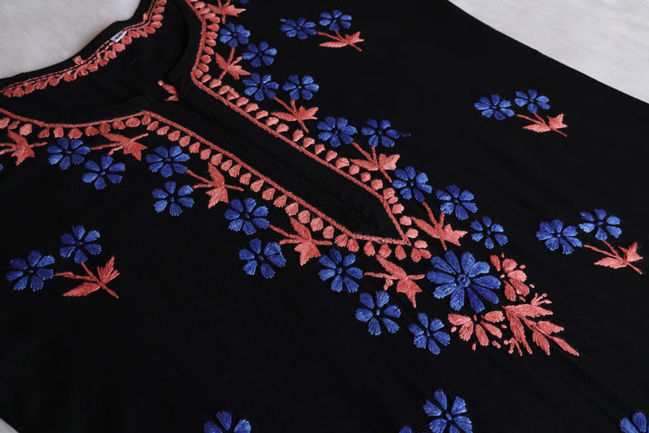 Sitara Black, Blue & Rust Rayon Kurta Set - Noor Chikankari