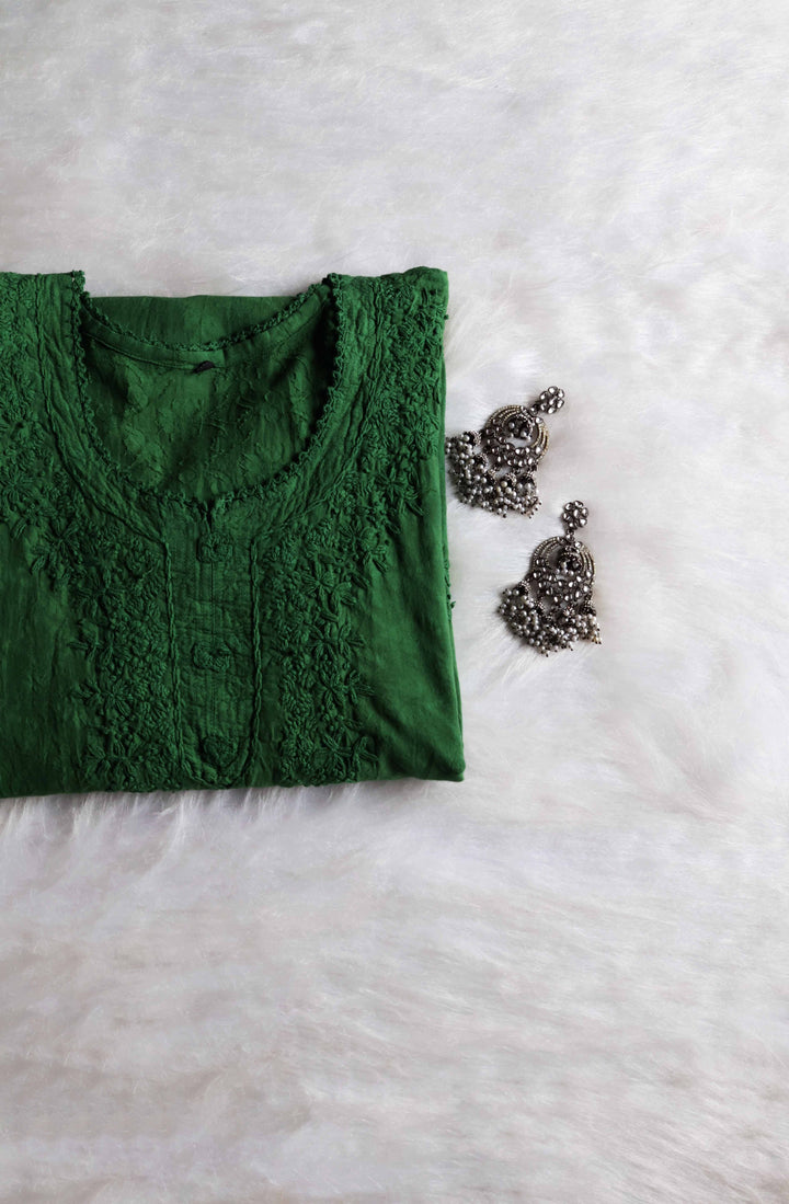 Aaliyah Deep Green Long Jacquard Cotton kurta