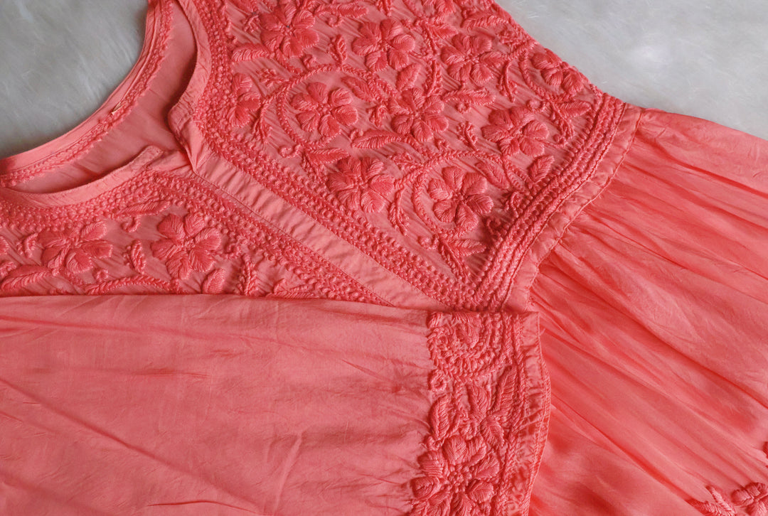 Aafiyat Pure Muslin Rose Pink Chikankari Fit and Flare dress