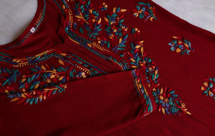 Maaham Maroon & Multicoloured Short Rayon Kurta