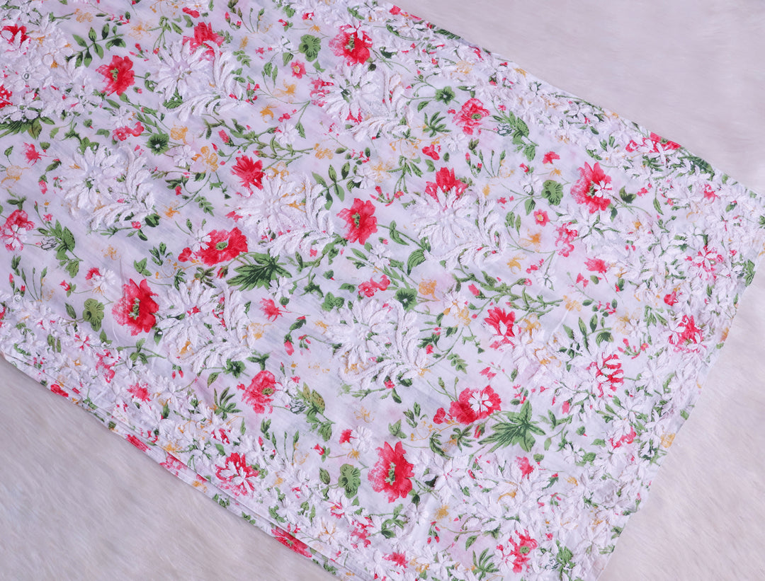 Amna White & Red Floral Long MulMul kurta