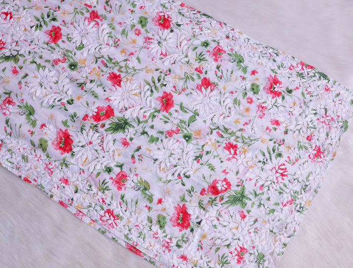 Amna White & Red Floral Long MulMul kurta