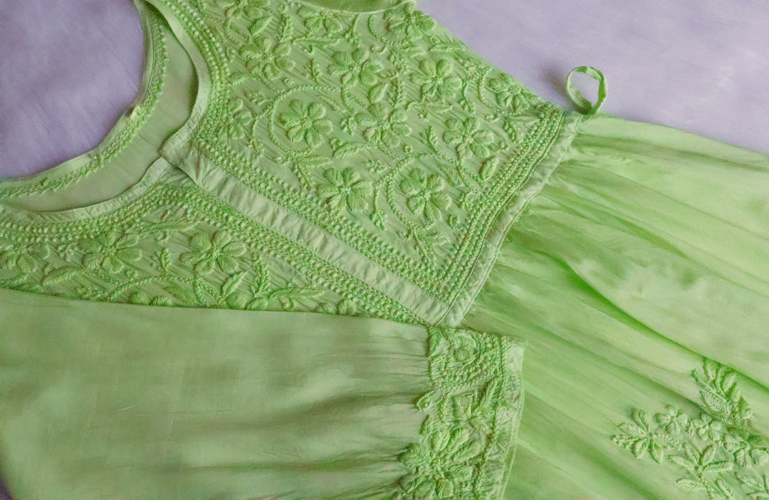 Aafiyat Pure Muslin Lime Green Chikankari Fit and Flare dress