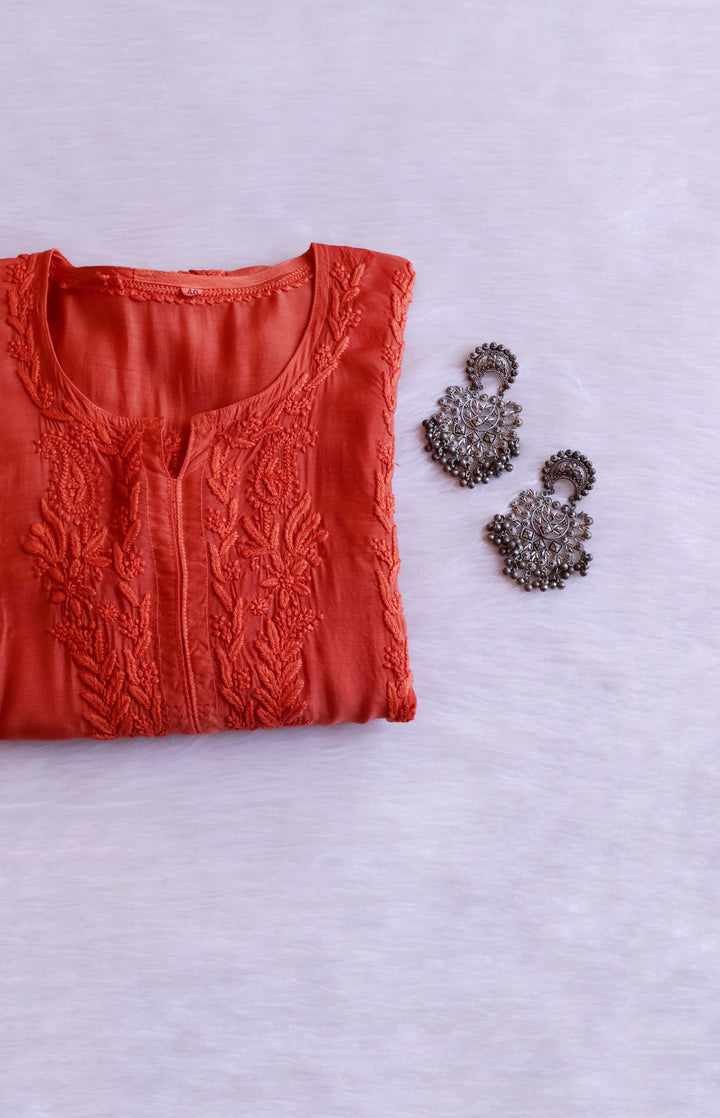 Haania Rust Orange Pure Muslin Kurta - Noor Chikankari