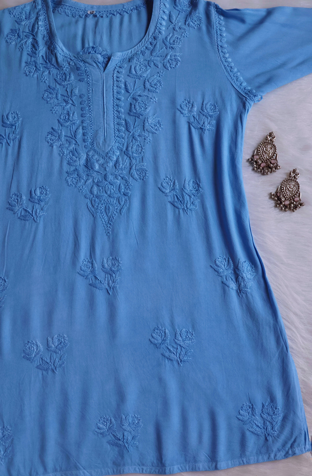 Gul Ice Blue Short Rayon Kurta - Noor Chikankari