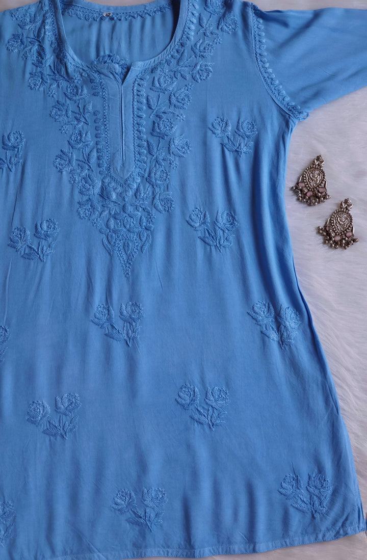 Gul Ice Blue Short Rayon Kurta - Noor Chikankari