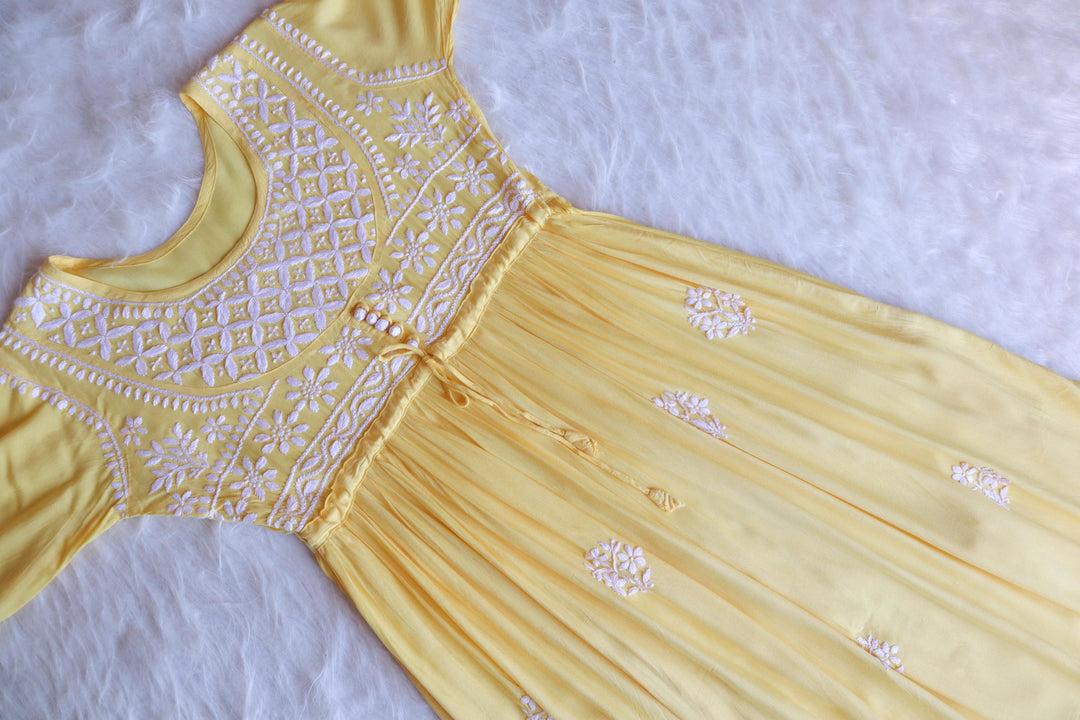 Alina Pastel Yellow Rayon Long fit and flare Dress