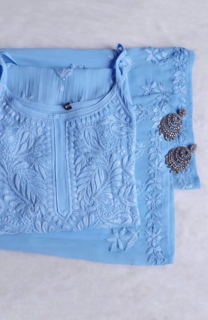 Zimra Ice Blue Viscose Sleeveless Set