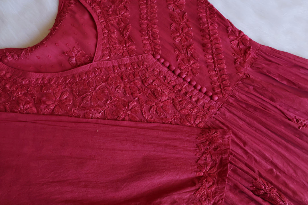 Nazakat Brick Red Pure Cotton Angarakha Dress