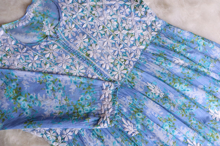 Meera Ice Blue Floral Mulmul Fit & flare Dress