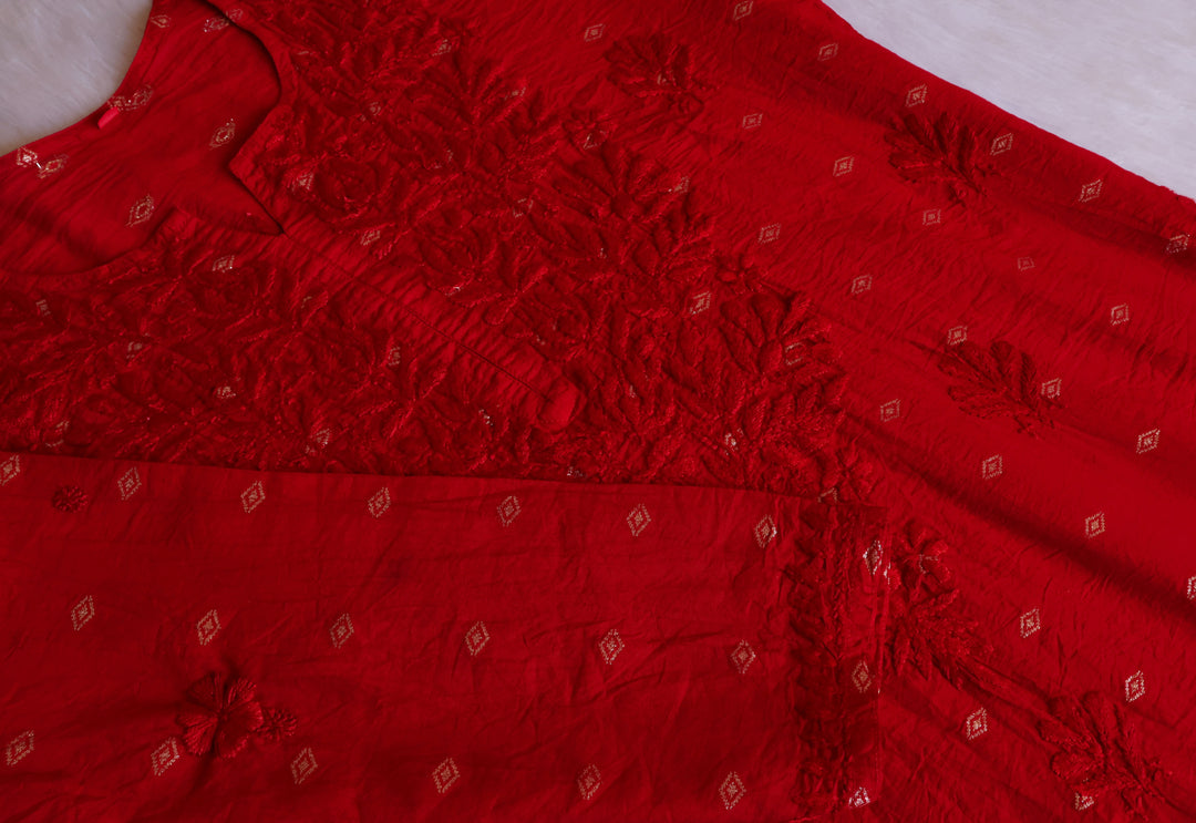 Nazakat Red Long Chanderi Kurta
