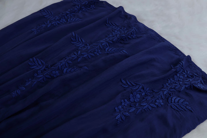 Aafiyat Pure Muslin Royal Blue Chikankari Fit and Flare dress