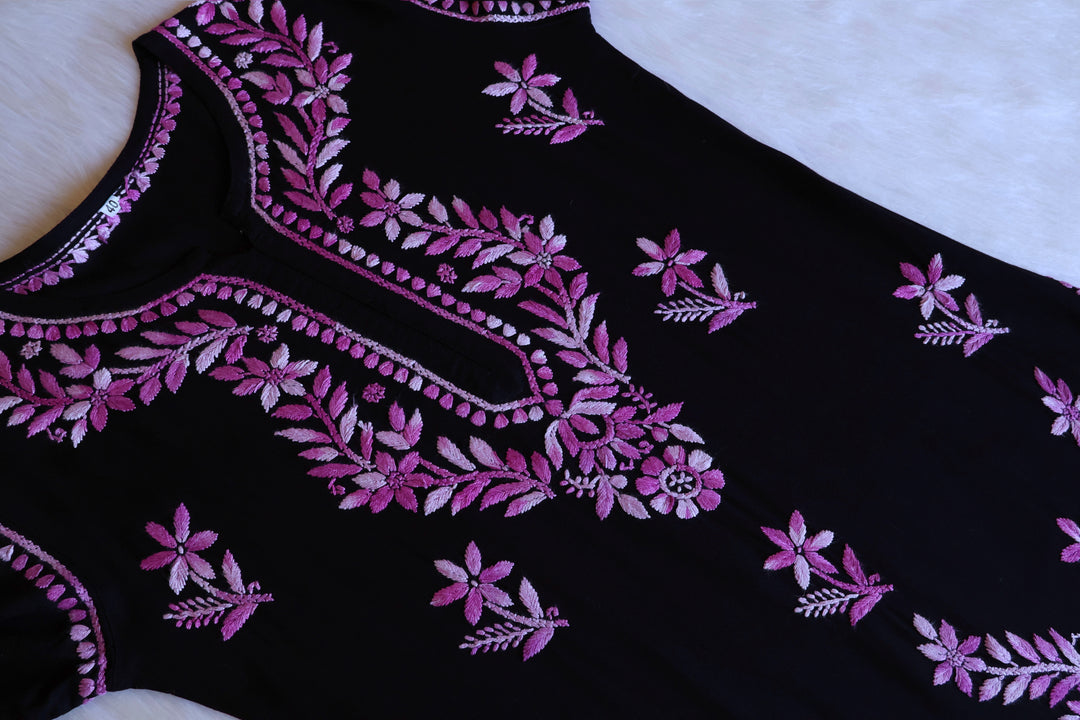 Maaham Black & Lavender Short Rayon Kurta - Noor Chikankari