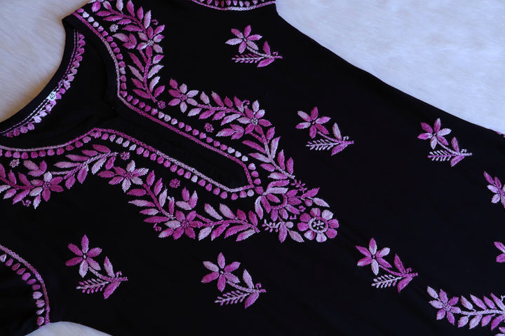 Maaham Black & Lavender Short Rayon Kurta - Noor Chikankari