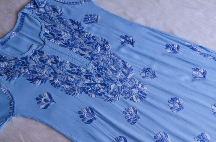 Nuresa Ice Blue Ombre Thread Long Rayon Kurta